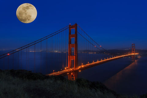 Golden Gate Bridge Full Moon Black Ornate Wood Framed Art Print with Double Matting by Galloimages Online