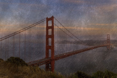 Golden Gate Bridge Rain Painterly Black Ornate Wood Framed Art Print with Double Matting by Galloimages Online