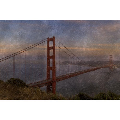 Golden Gate Bridge Rain Painterly Gold Ornate Wood Framed Art Print with Double Matting by Galloimages Online