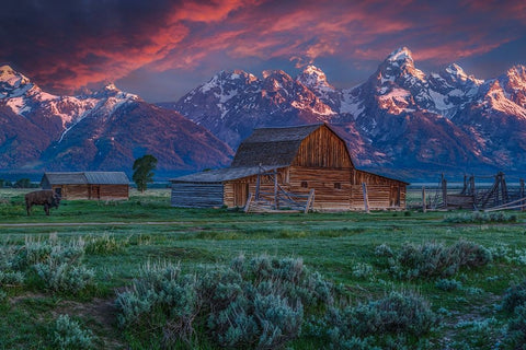 Mormon Row Barn Sunrise White Modern Wood Framed Art Print with Double Matting by Galloimages Online