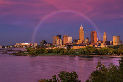 Rainbow over Cleveland White Modern Wood Framed Art Print with Double Matting by Galloimages Online