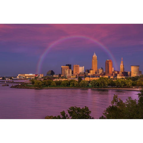 Rainbow over Cleveland White Modern Wood Framed Art Print by Galloimages Online