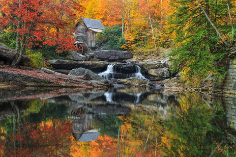 Grist Mill In The Fall White Modern Wood Framed Art Print with Double Matting by Galloimages Online