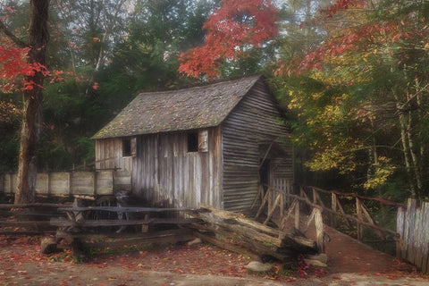 Cades Cove Grist Mill White Modern Wood Framed Art Print with Double Matting by Galloimages Online