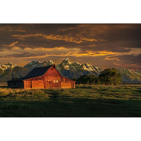 Moulton Barn Sunrise Gold Ornate Wood Framed Art Print with Double Matting by Galloimages Online