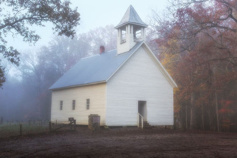Primitive Baptist Church Fog Black Ornate Wood Framed Art Print with Double Matting by Galloimages Online