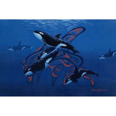 Blue Orcas White Modern Wood Framed Art Print by Stevenson, Graeme