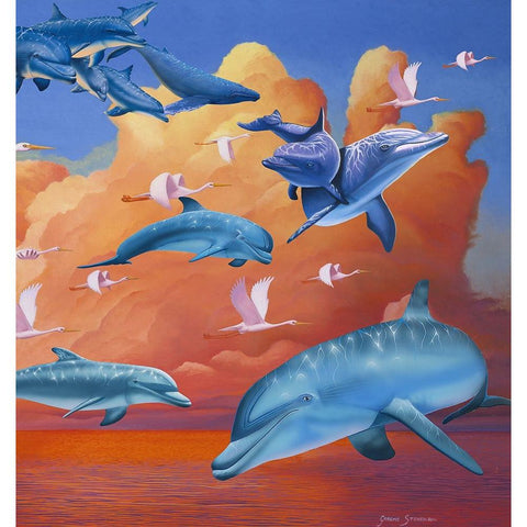 Dolphins Clouds Black Modern Wood Framed Art Print with Double Matting by Stevenson, Graeme