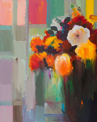 Asymmetrical Bouquet White Modern Wood Framed Art Print with Double Matting by Khorasani, Hooshang