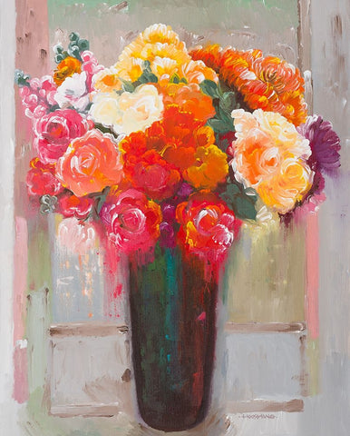 Flowers at the Window White Modern Wood Framed Art Print with Double Matting by Khorasani, Hooshang