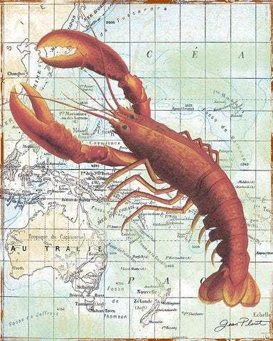 Nautical Journey-A-Lobster White Modern Wood Framed Art Print with Double Matting by Plout, Jean