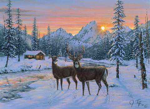 Whitetail And Cabin Black Ornate Wood Framed Art Print with Double Matting by Tift, Jeff