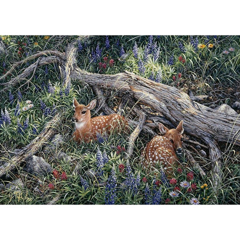 Fawns And Flowers Gold Ornate Wood Framed Art Print with Double Matting by Tift, Jeff