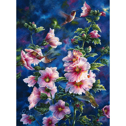Hollyhocks And Hummingbirds Black Modern Wood Framed Art Print with Double Matting by Tift, Jeff