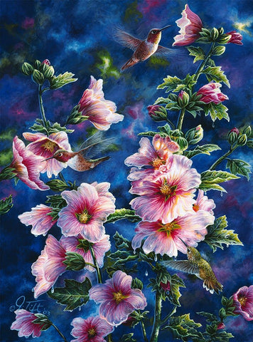 Hollyhocks And Hummingbirds Black Ornate Wood Framed Art Print with Double Matting by Tift, Jeff
