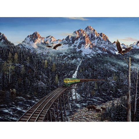 Train And Eagle Black Modern Wood Framed Art Print with Double Matting by Tift, Jeff