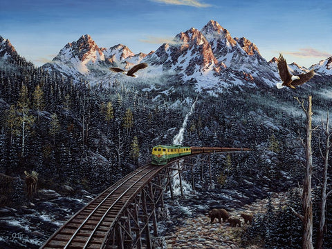 Train And Eagle White Modern Wood Framed Art Print with Double Matting by Tift, Jeff