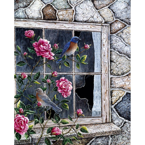 Bluebirds In Window Black Modern Wood Framed Art Print with Double Matting by Tift, Jeff