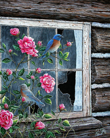 Roses And Bluebirds Black Ornate Wood Framed Art Print with Double Matting by Tift, Jeff