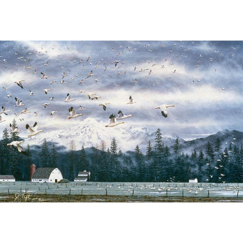 Geese Flying Over Farmland Gold Ornate Wood Framed Art Print with Double Matting by Tift, Jeff