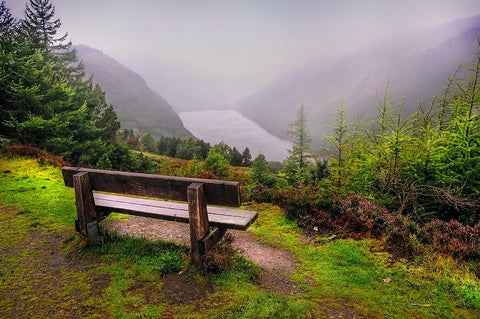 Bench Over the Upper Lake in Glendalough Ireland White Modern Wood Framed Art Print with Double Matting by Jenny Rainbow Fine Art