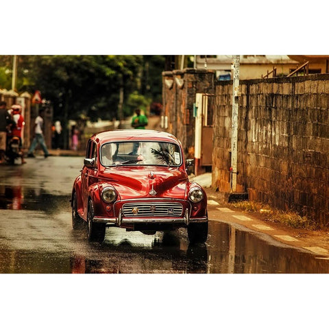 Red Retromobile Morris Minor Gold Ornate Wood Framed Art Print with Double Matting by Jenny Rainbow Fine Art