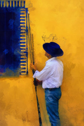 Spanish Man at the Yellow Wall Black Ornate Wood Framed Art Print with Double Matting by Jenny Rainbow Fine Art