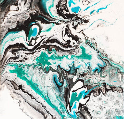 Fluid Acrylic On Emerald Waves 1 Black Ornate Wood Framed Art Print with Double Matting by Jenny Rainbow Fine Art