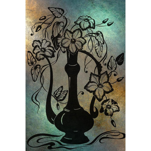 Ink Drawing Clematises in Indian Pitcher Black Modern Wood Framed Art Print by Jenny Rainbow Fine Art