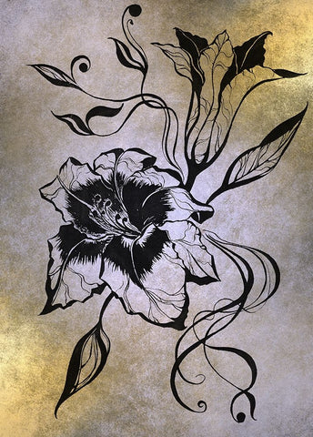 Ink Drawing Lily Elegance Black Ornate Wood Framed Art Print with Double Matting by Jenny Rainbow Fine Art