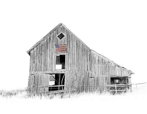 Old Barn Us Flag Black And White Black Ornate Wood Framed Art Print with Double Matting by Schell, Jennie Marie