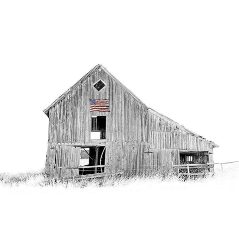 Old Barn Us Flag Black And White Gold Ornate Wood Framed Art Print with Double Matting by Schell, Jennie Marie