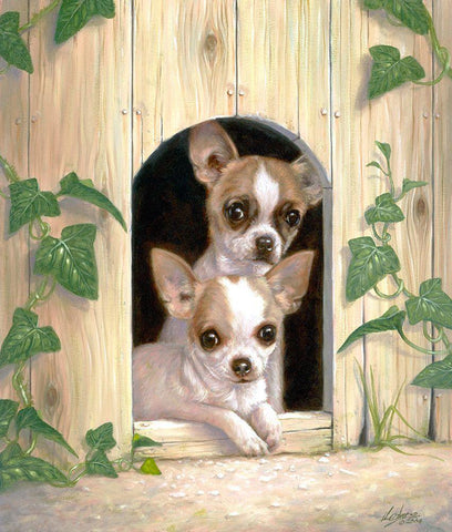 Chihuahuas In Doghouse Black Ornate Wood Framed Art Print with Double Matting by Silver, John