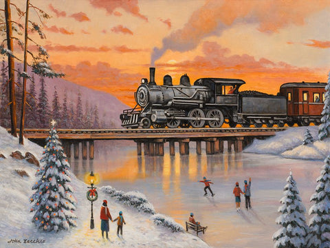 Railroad on the Ice Bridge Black Ornate Wood Framed Art Print with Double Matting by Zaccheo, John