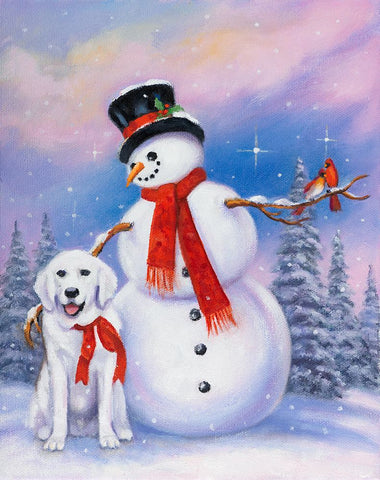 Snowman and Dog White Modern Wood Framed Art Print with Double Matting by Zaccheo, John