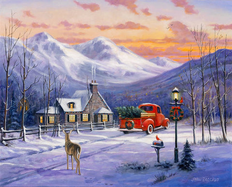 Red Truck and Deer White Modern Wood Framed Art Print with Double Matting by Zaccheo, John