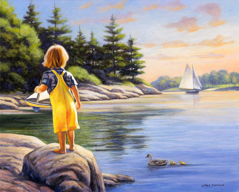 Boy and His Boat White Modern Wood Framed Art Print with Double Matting by Zaccheo, John