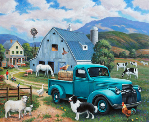 Down at the Farm with a Blue Truck Black Modern Wood Framed Art Print by Zaccheo, John