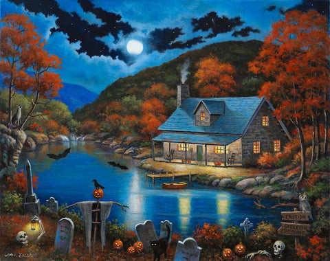 Cabin on Halloween Lake White Modern Wood Framed Art Print with Double Matting by Zaccheo, John