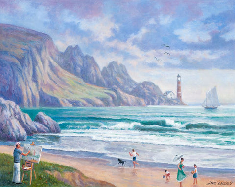 Painting By the Seaside White Modern Wood Framed Art Print with Double Matting by Zaccheo, John