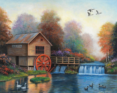 Autumn at the Old Mill White Modern Wood Framed Art Print with Double Matting by Zaccheo, John