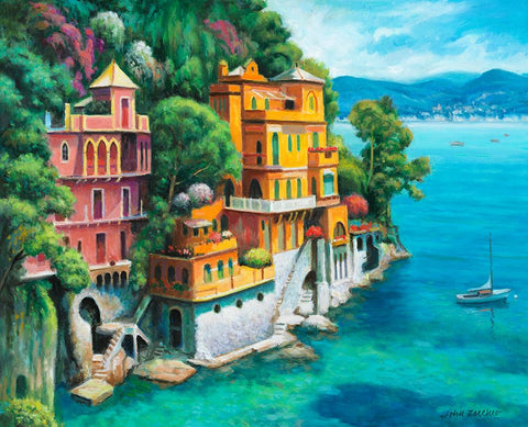 Domina Beach Portofino Italy Black Modern Wood Framed Art Print by Zaccheo, John