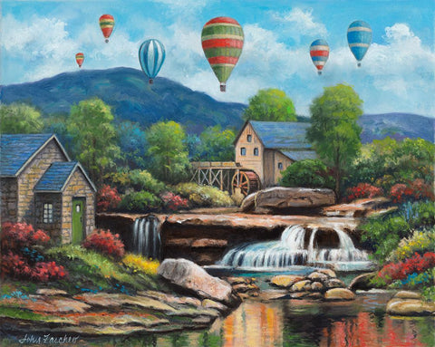 Spring Balloons Over The Mill White Modern Wood Framed Art Print with Double Matting by Zaccheo, John