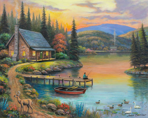 Sunset Lake Black Ornate Wood Framed Art Print with Double Matting by Zaccheo, John