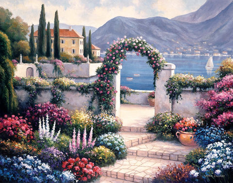 Mediterranean Scene A Black Ornate Wood Framed Art Print with Double Matting by Zaccheo, John