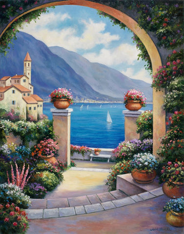 Mediterranian Archway White Modern Wood Framed Art Print with Double Matting by Zaccheo, John