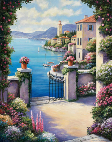 Mediterranian Patio Black Ornate Wood Framed Art Print with Double Matting by Zaccheo, John