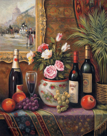 Wine And Floral 3 Black Ornate Wood Framed Art Print with Double Matting by Zaccheo, John