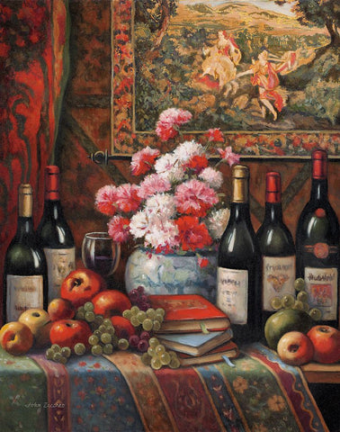 Wine And Floral 4 Black Ornate Wood Framed Art Print with Double Matting by Zaccheo, John