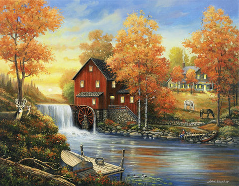 Autumn Sunset At The Old Mill White Modern Wood Framed Art Print with Double Matting by Zaccheo, John